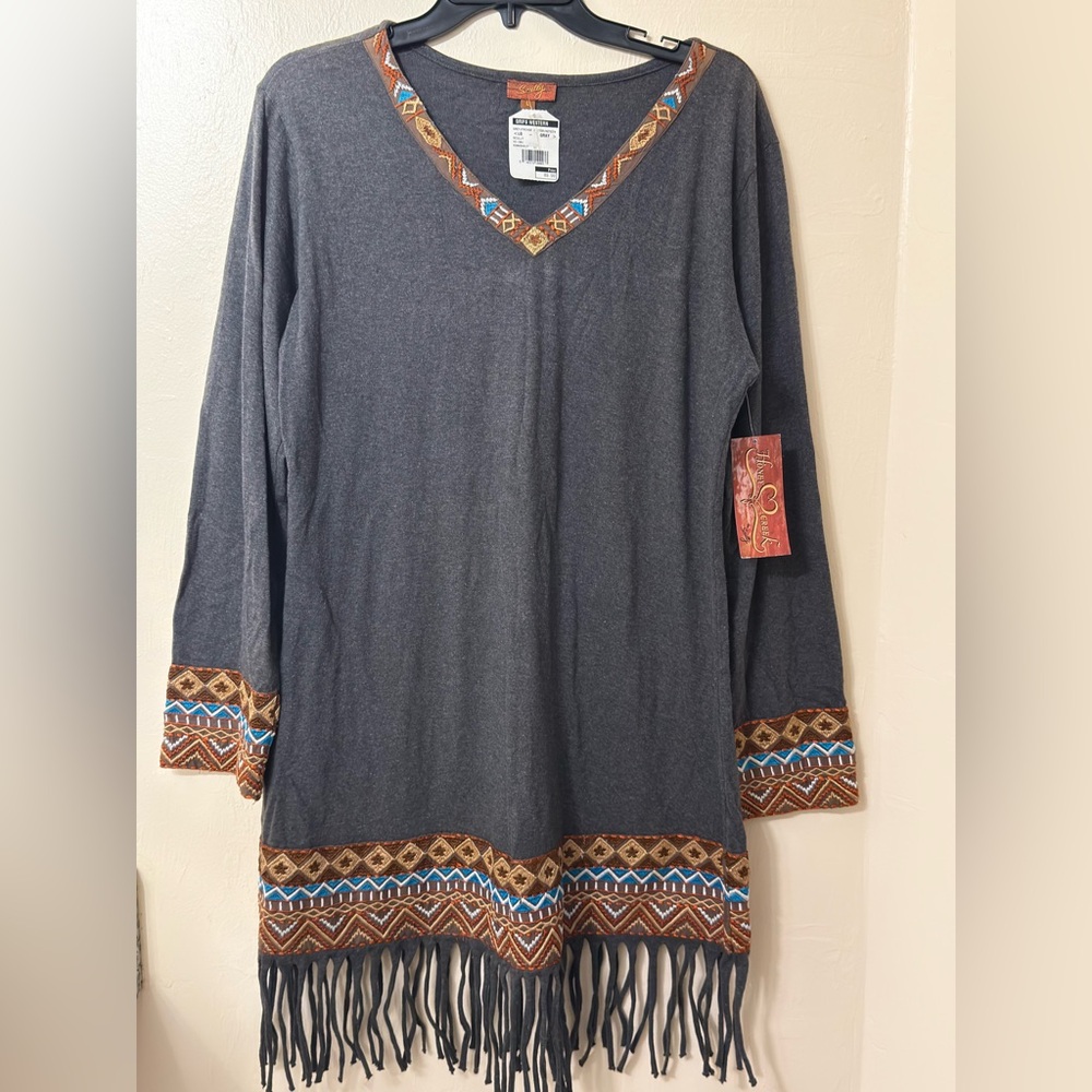 Gray Aztec Fringe Hem Blouse